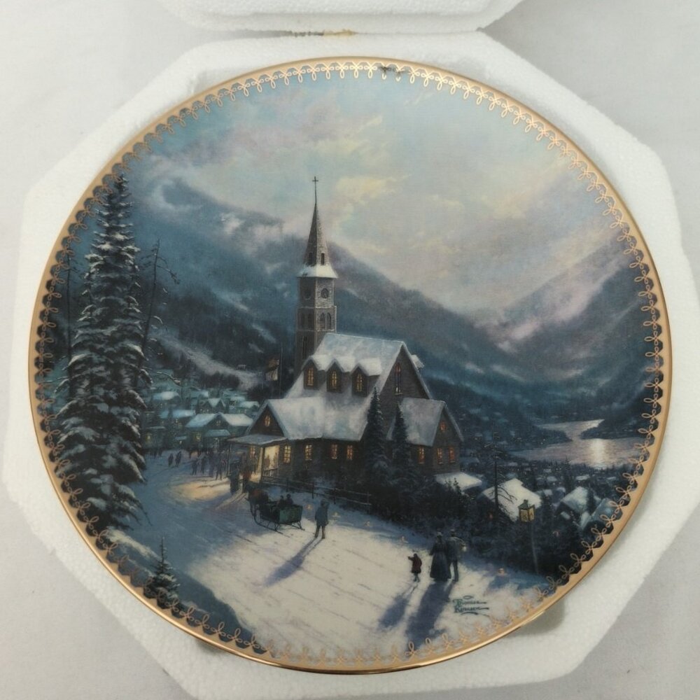 Vintage Thomas Kinkade Christmas 8 1/8" Plate Moonlit Village 1997 W/ COA - Picture 2 of 5